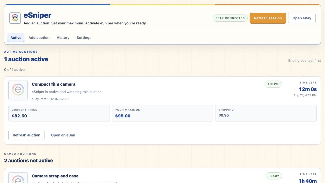 Real eSniper auction list, saved maximum and add-auction navigation using safe QA data